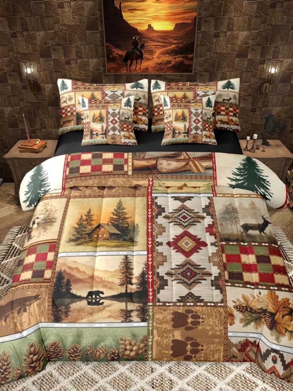 Rustic Cabin Comforter Set Queen Size,7 Pieces Farmhouse Lodge Bedding Set,Wildl